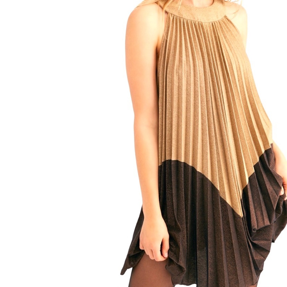 NWT Free People Gold Pleated Mini Love Dress. M
